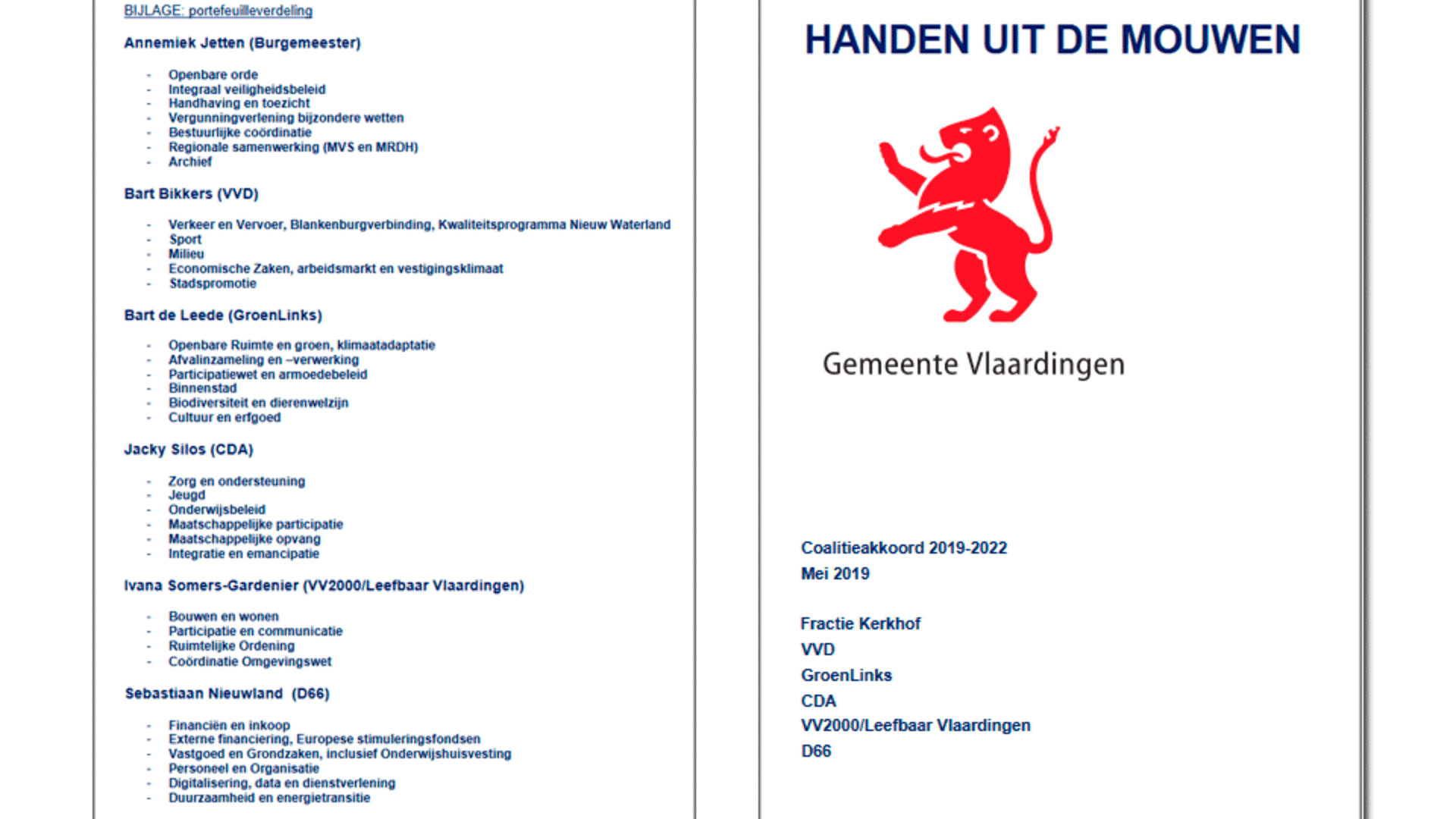Nieuw Coalitieakkoord gemeente Vlaardingen: Handen uit de mouwen - mei 2019
