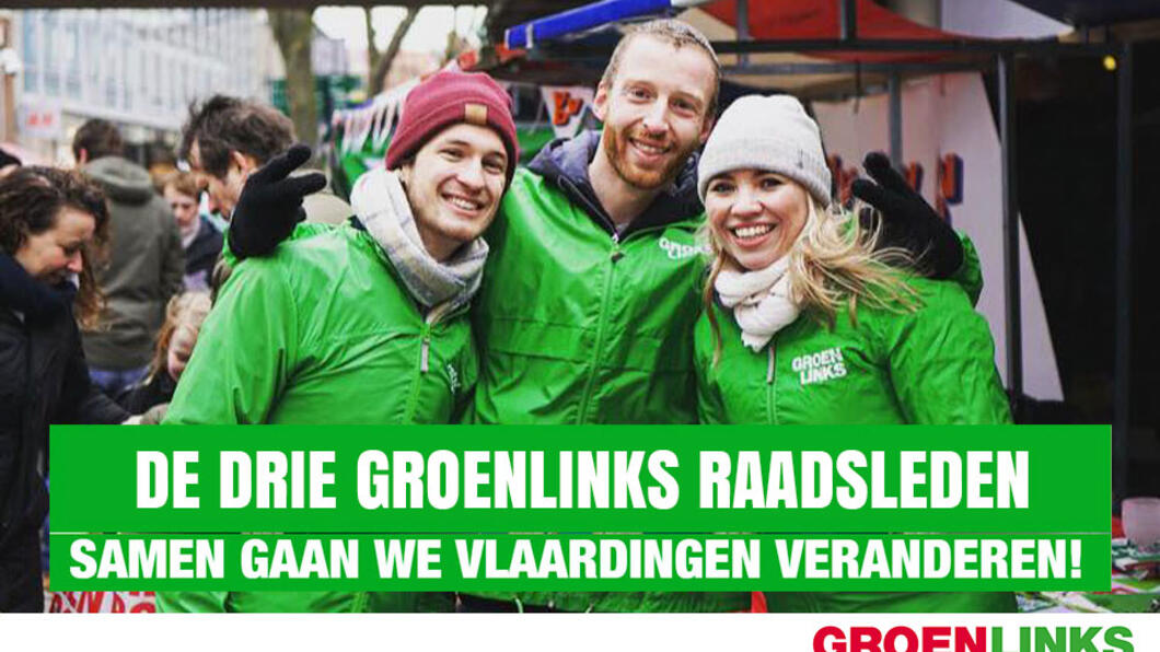 De drie nieuwe raadsleden van GroenLinks Vlaardingen: Robin Bongers, Neill Voorburg en Lianne van Kalken