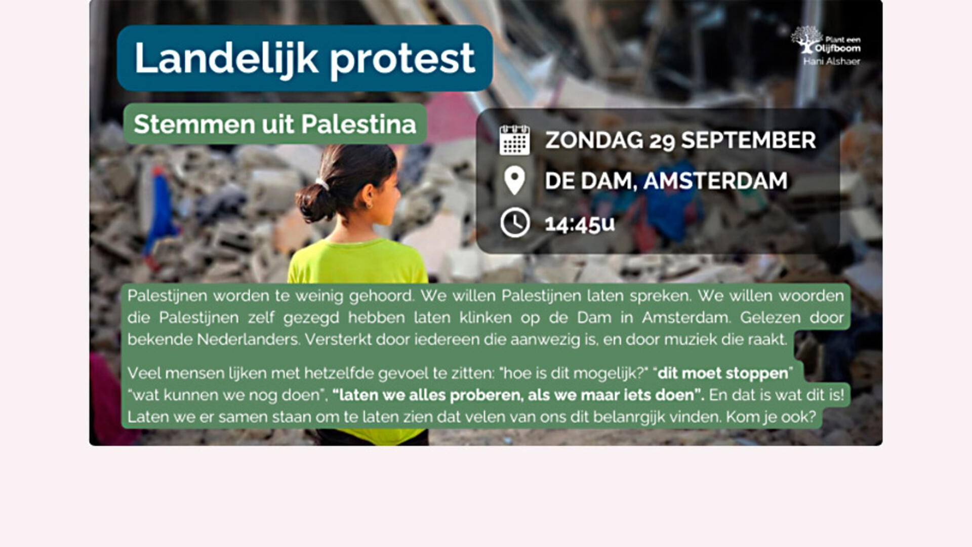 Kom 29 september naar de Dam! Stemmen uit Palestina.