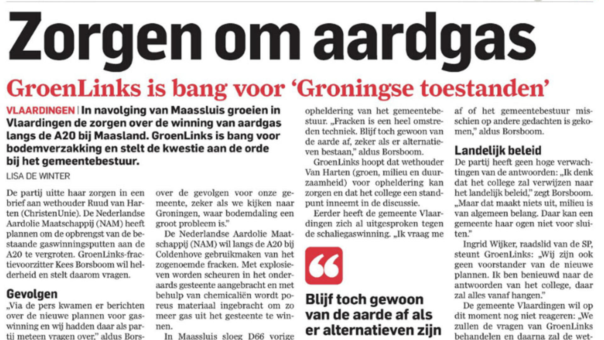 AD 18 febr. 2015: GroenLinks zorgen om aardgas