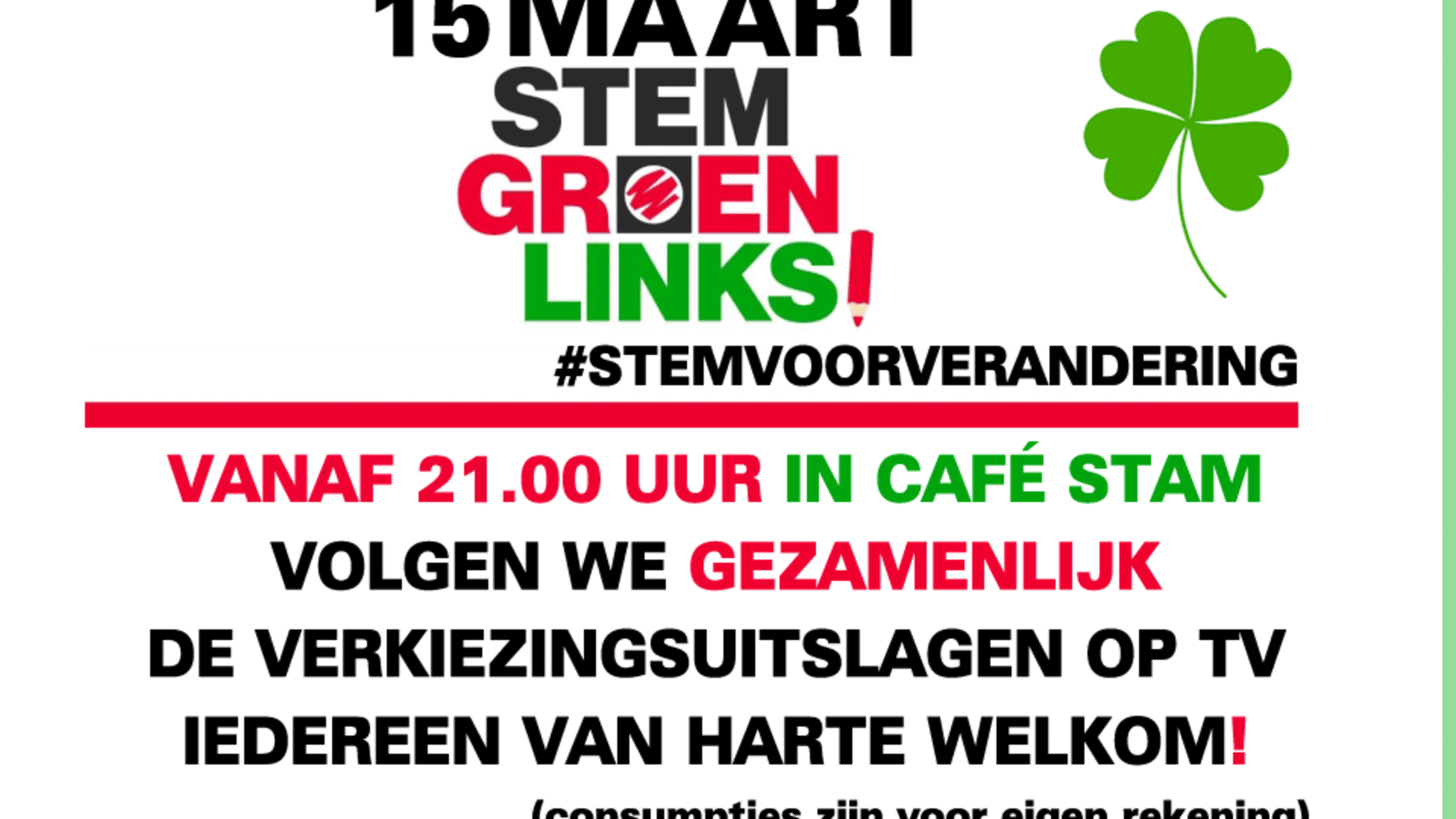 ’s Avonds 15 maart 2017 zit GroenLinks Vlaardingen in Café Stam – kom ook!