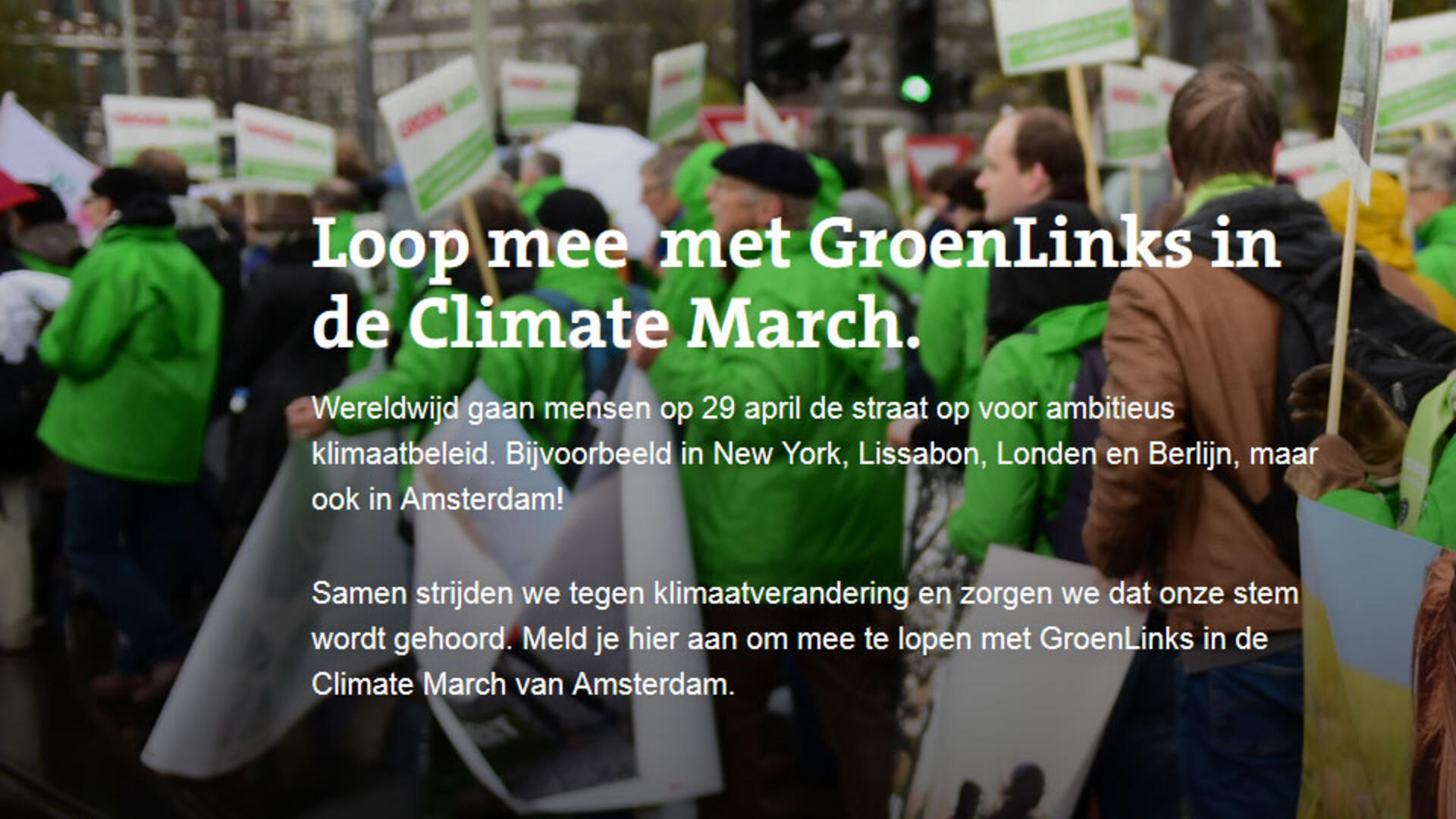 Op 29 april lopen mensen over de hele wereld de Global Climate March. Loop mee met GroenLinks in Amsterdam!