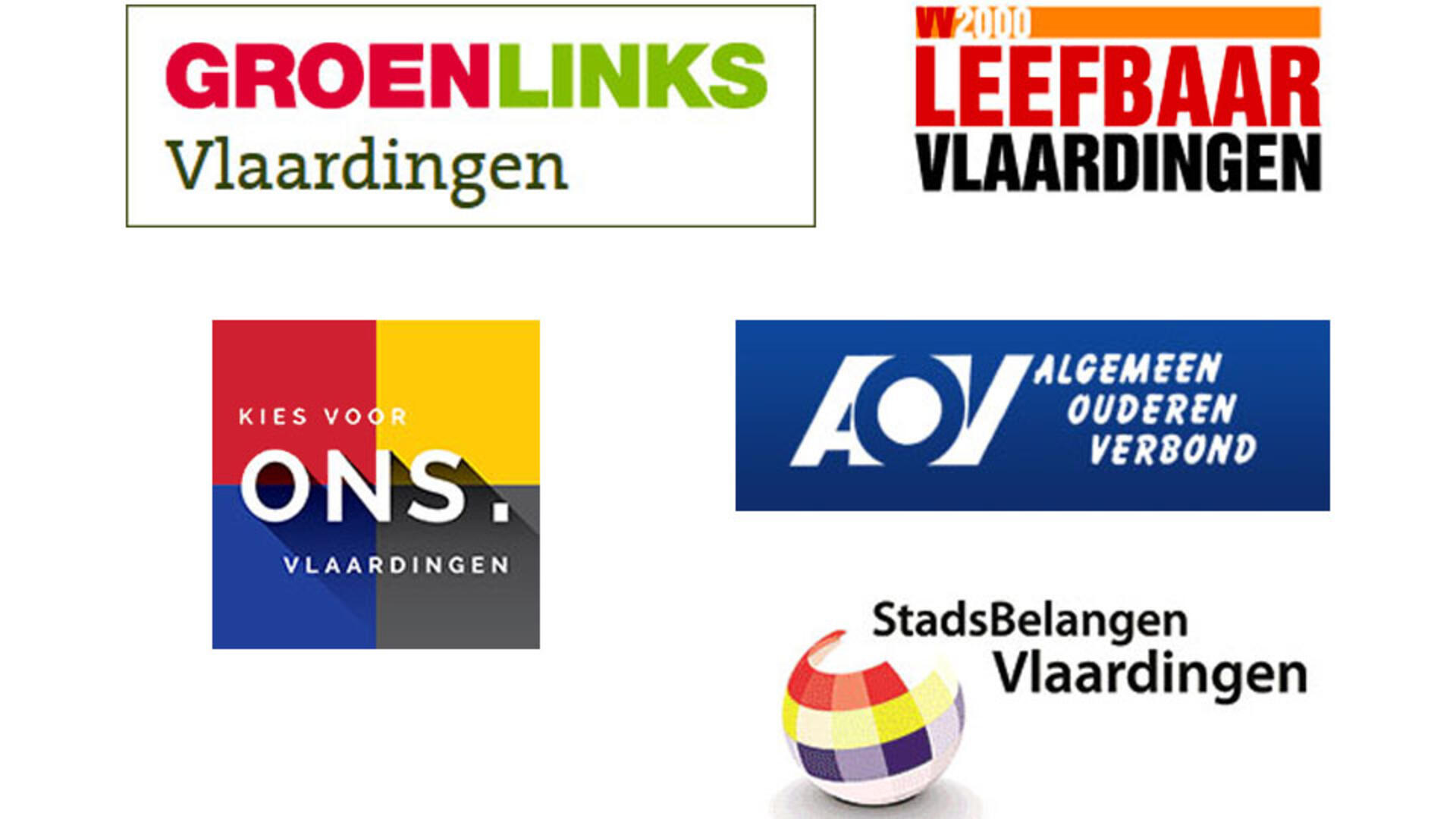 Logo's GroenLinks, VV2000 Leefbaar Vlaardingen, Ons Vlaardingen, Algemeen Ouderen Verbond en Stadsbelangen Vlaardingen