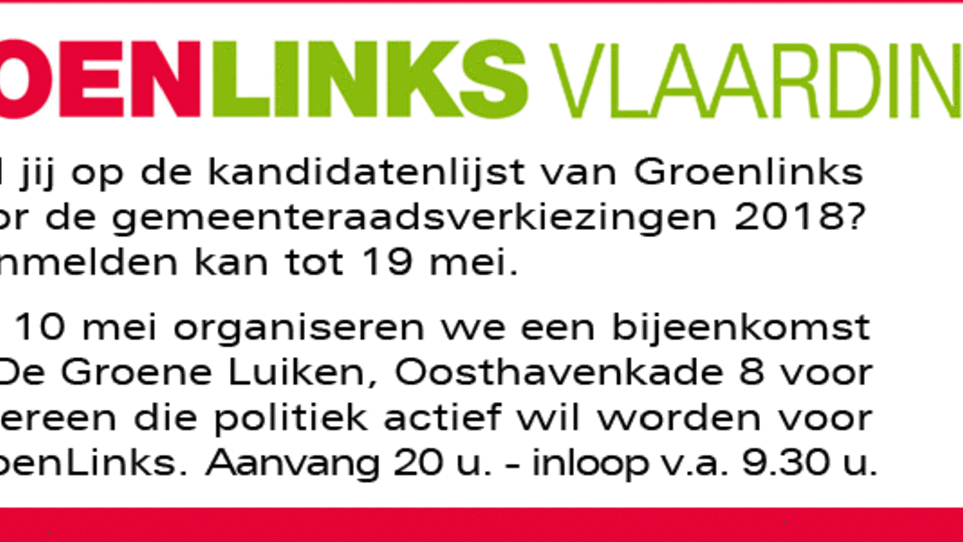 Advertentie voor gemeenteraadskandidaten voor GroenLinks Vlaardingen - april 2017